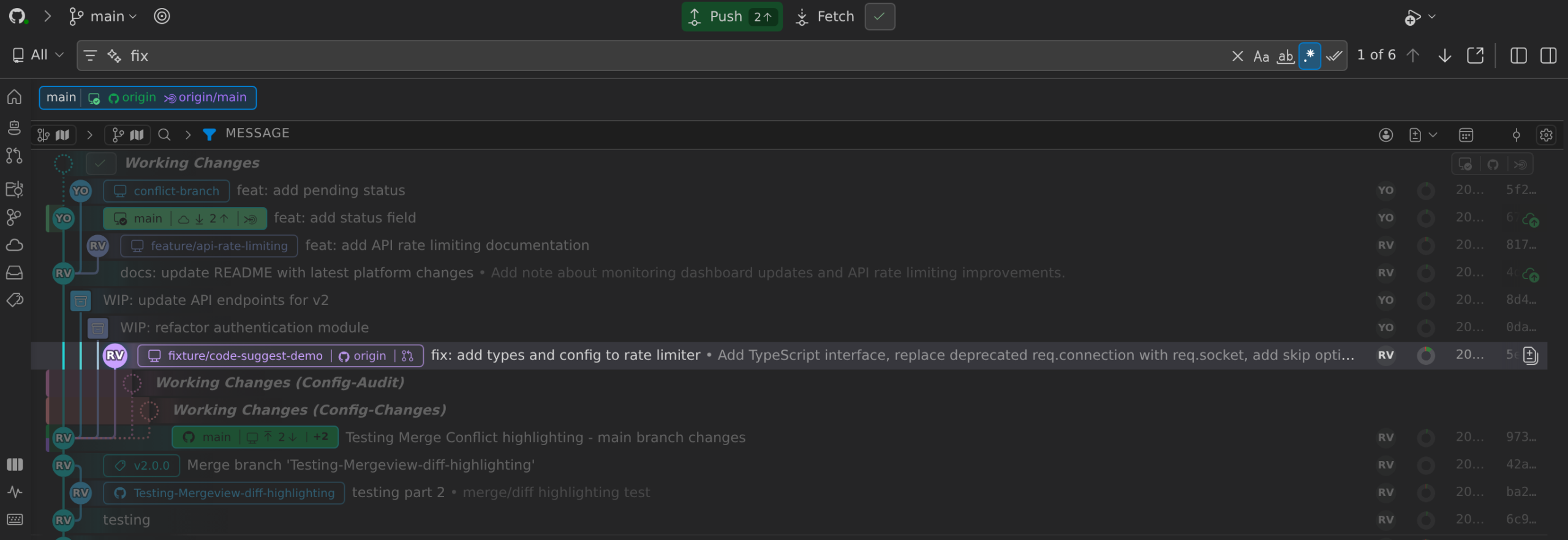 Commit Graph search bar highlighting results