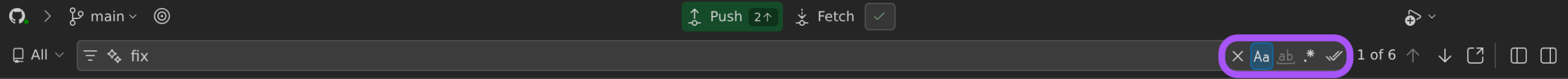 Commit Graph search box with the query "fix" and a ring around the search option toggles at its right end: Match Case, Match Whole Word, Use Regular Expression and Match All, next to the 1 of 6 result counter