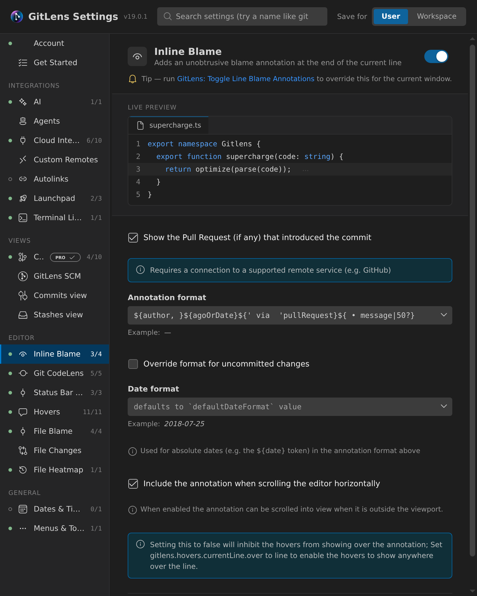 GitLens Visual Settings Editor showing the Inline Blame category with toggle controls and format options