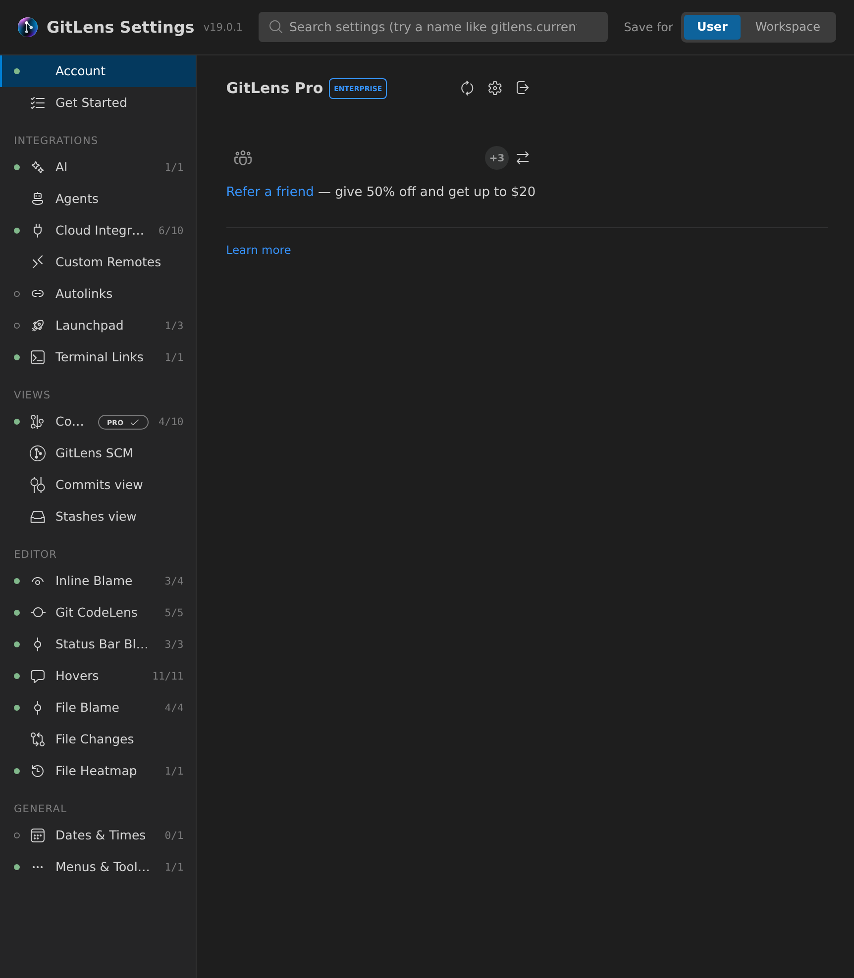 GitLens Settings with the Account category selected: the GitLens Pro plan header with its badge and the Synchronize Status, Manage Account and Sign Out buttons, the signed-in account and organization rows (masked here), a referral line and a Learn more link