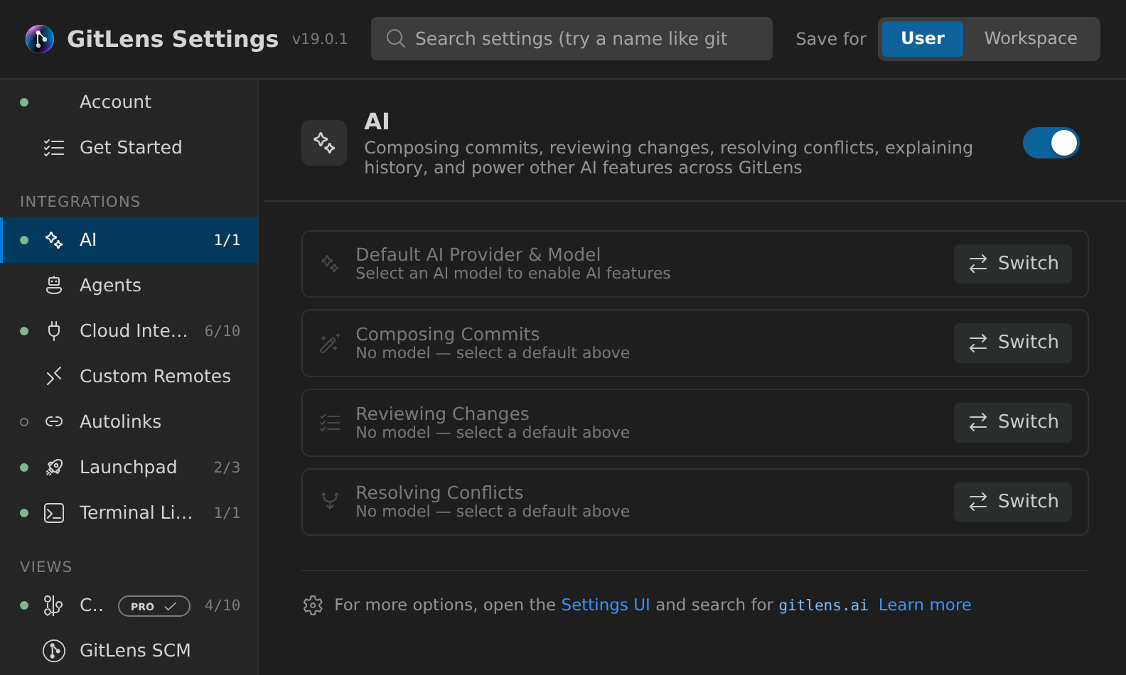 GitLens Settings AI category showing AI provider selection and model configuration
