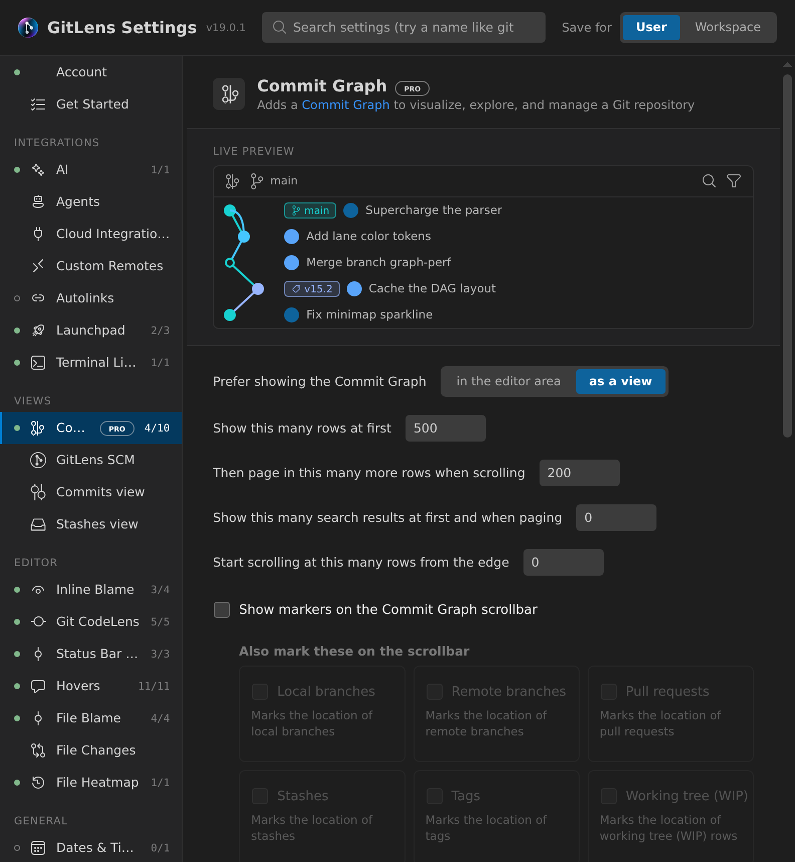 GitLens Settings Commit Graph category showing graph layout options