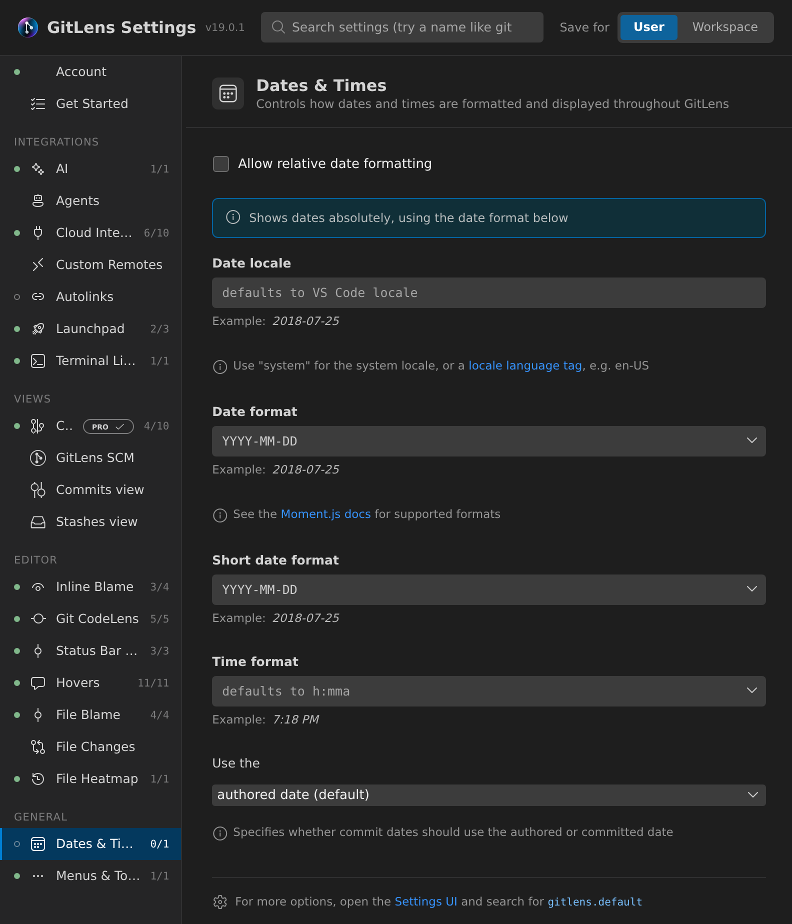 GitLens Settings Dates and Times category showing date format options