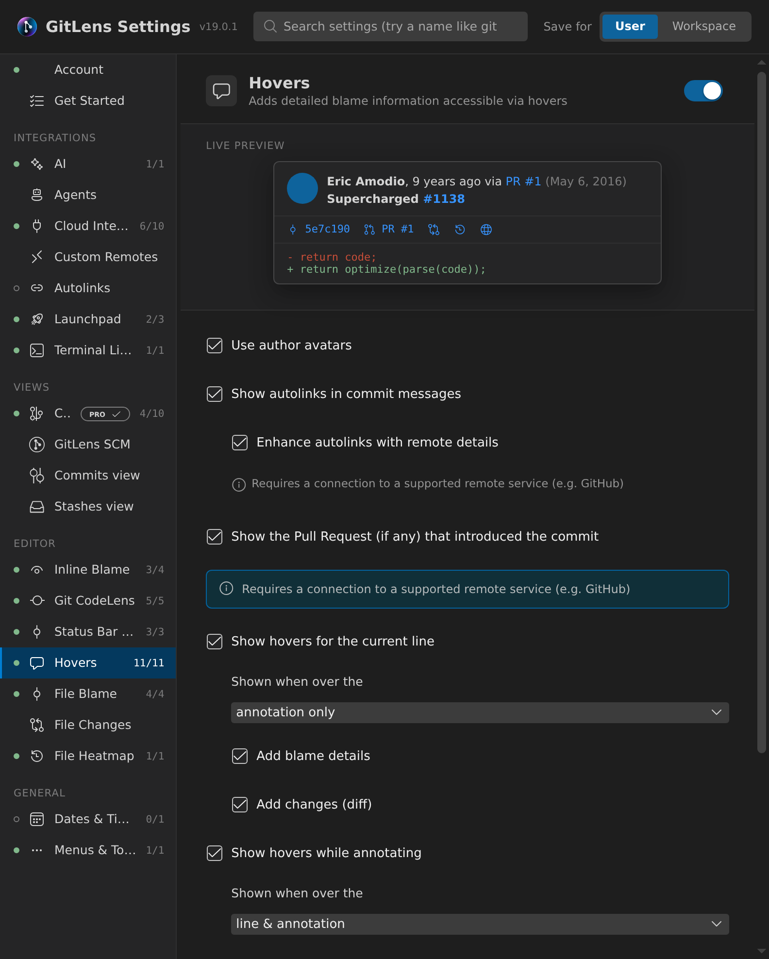 GitLens Settings Hovers category showing hover annotation toggles