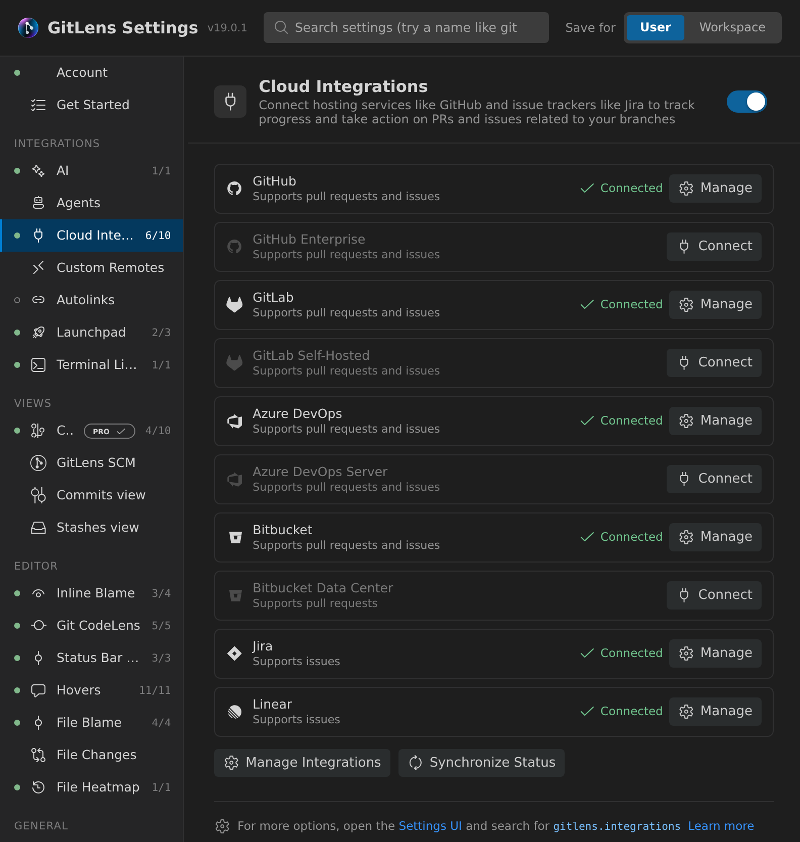 GitLens Settings Cloud Integrations category showing provider connection cards