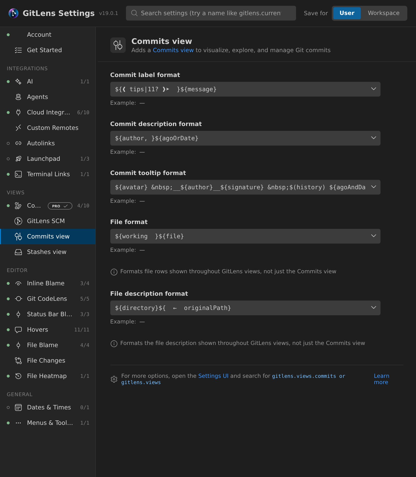 GitLens Settings with the Commits view category selected in the Views group: format templates for the commit label, commit description, commit tooltip, file rows and file description, each with a token picker, and a footer link to the full gitlens.views.commits options in the VS Code Settings UI