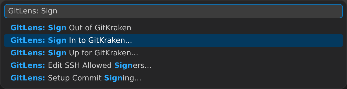 VS Code Command Palette filtered to "GitLens: Sign" with the GitLens: Sign In to GitKraken command highlighted