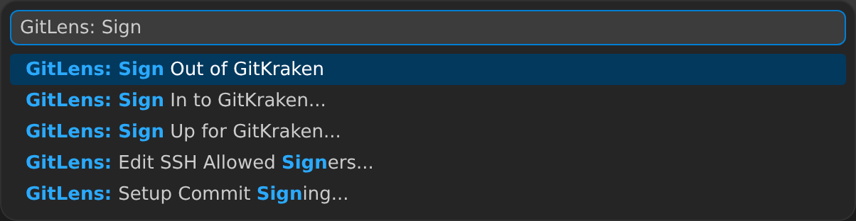 VS Code Command Palette filtered to "GitLens: Sign" with the GitLens: Sign Out of GitKraken command highlighted