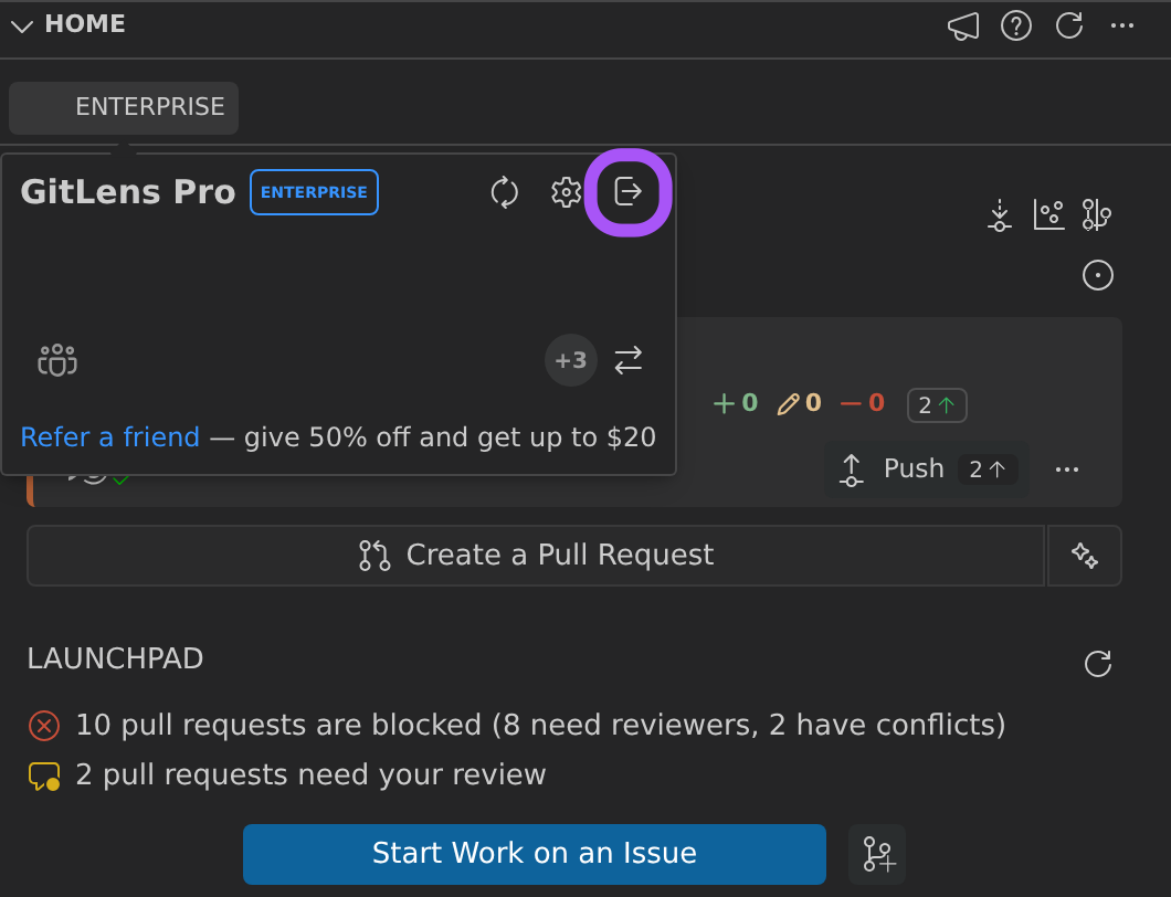 The GitLens Home view with the account chip's popover open: the GitLens Pro plan header with its ENTERPRISE badge and the Synchronize Status, Manage Account and Sign Out icon buttons — Sign Out ringed — above the organization row and the Refer a friend link (the account's name, e-mail and avatar are blanked)