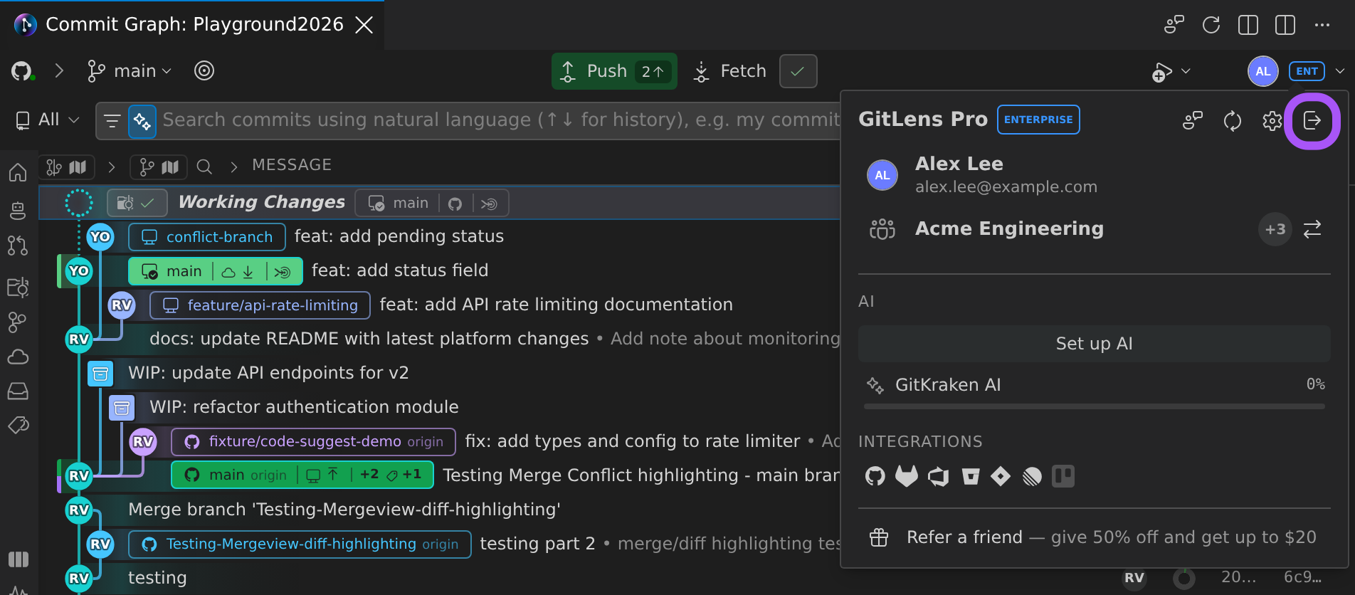 The Commit Graph header's account menu open: the GitLens Pro plan header with its Send Feedback, Synchronize Status, Account Settings and ringed Sign Out buttons, above the signed-in account, the organization, and the AI and Integrations sections.