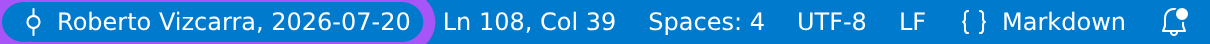 The right end of the VS Code status bar with the GitLens blame item ringed: the author and date of the commit for the current line, beside the line/column, indentation, encoding, line-ending and language items