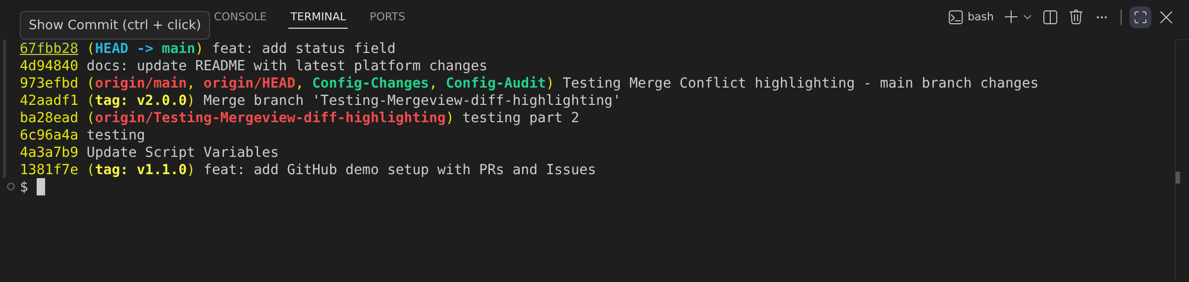The integrated terminal showing git log --oneline output, with the pointer on the first commit's SHA: GitLens underlines it as a link and shows the "Show Commit (ctrl + click)" hover