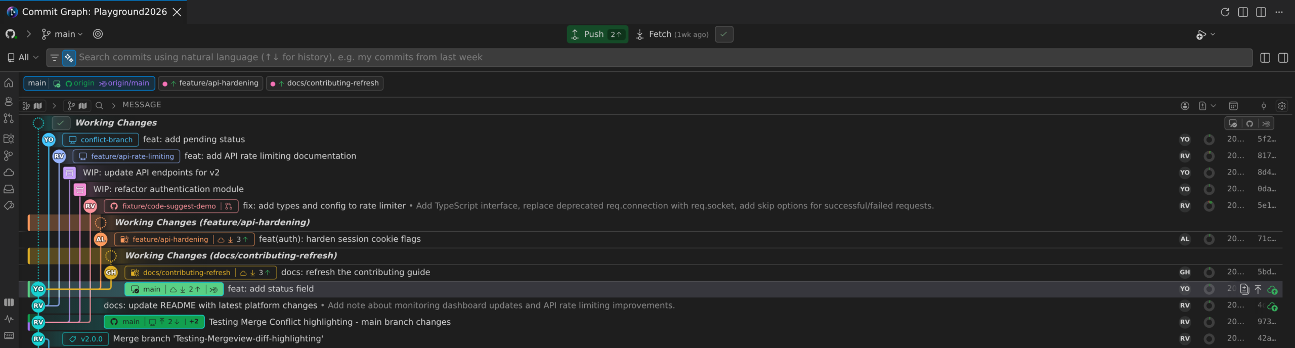 Commit Graph with Working Changes rows for three worktrees: the main worktree's row at the top, then "Working Changes (feature/api-hardening)" and "Working Changes (docs/contributing-refresh)" above their branches' unpushed commits, each branch pill showing its ahead count