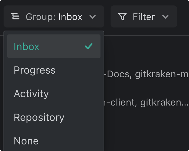 The Group dropdown open on Tasks in progress, showing Inbox checked as the default, then Progress, Activity, Repository, and None
