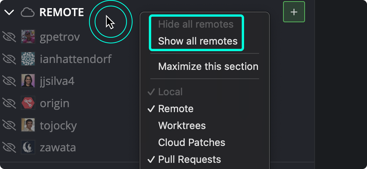 Context menu showing the 'Show all remotes' option after right-clicking the REMOTE section in GitKraken Desktop