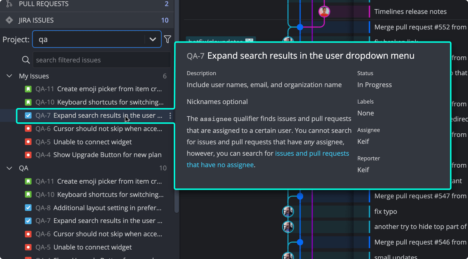 Issue preview tooltip in GitKraken