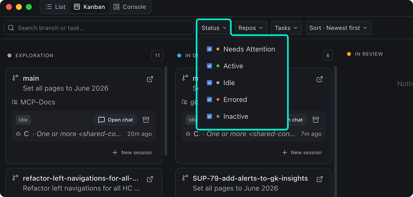 Kanban view with the Status filter dropdown open, showing checkboxes for Needs Attention, Active, Idle, Errored, and Inactive