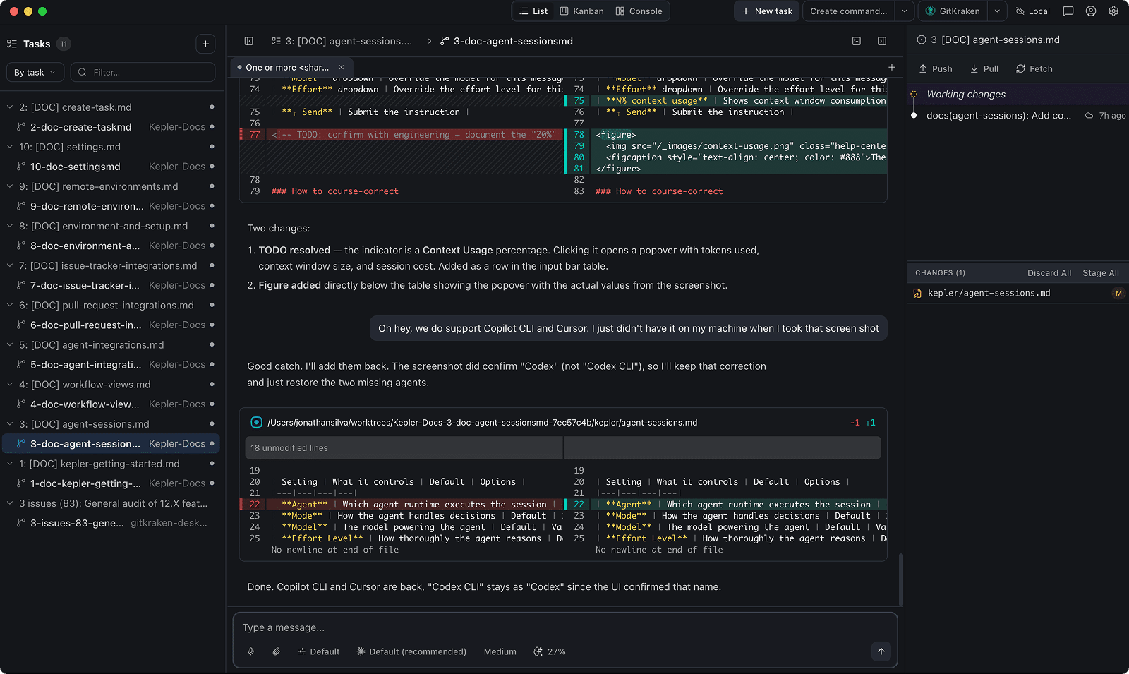 Kepler showing the task list on the left, a diff view in the center, and an agent chat panel on the right