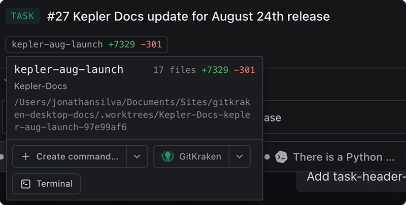 A task's checkouts below the header, each showing its line deltas