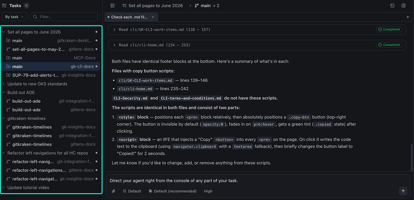 Kepler List view showing the task and worktree sidebar on the left and an active agent session in the center panel with tool call rows marked Completed and an agent response below