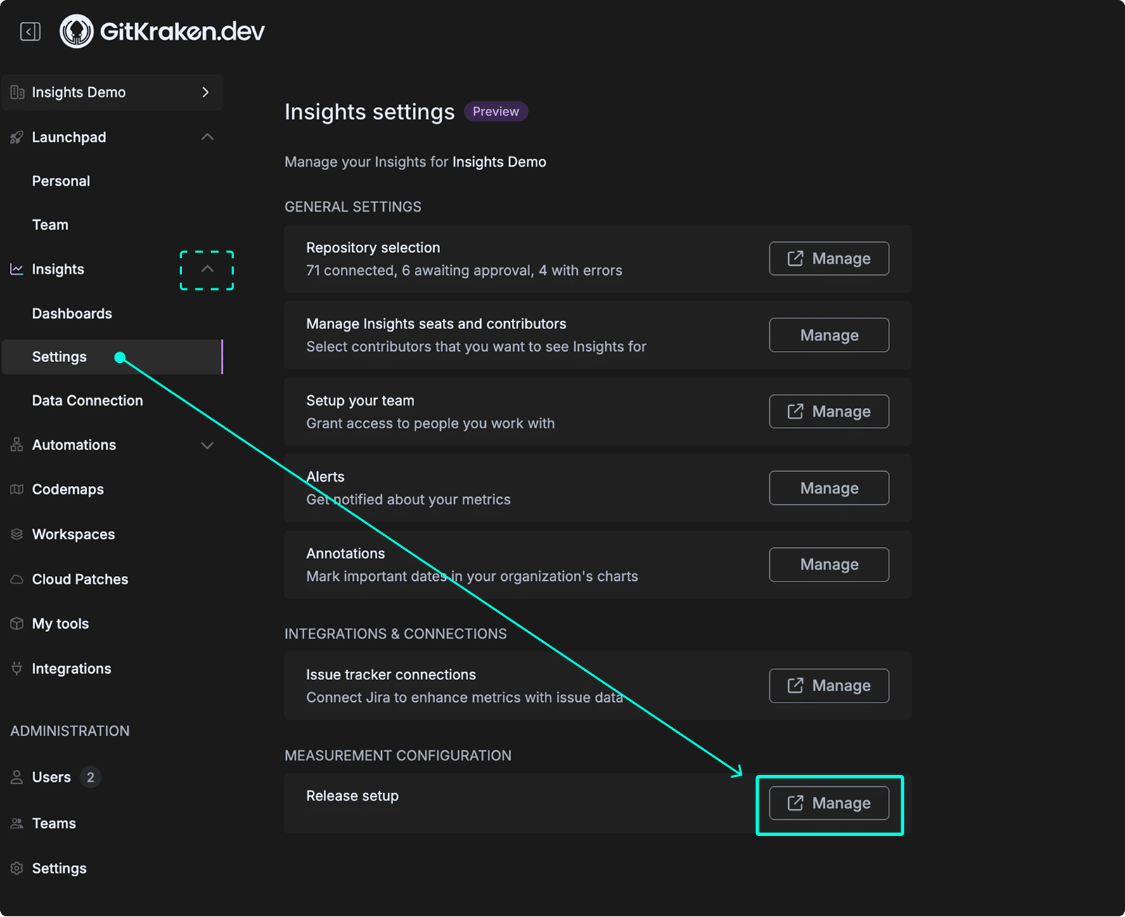 Insights settings page showing the Measurement Configuration section with Release setup highlighted