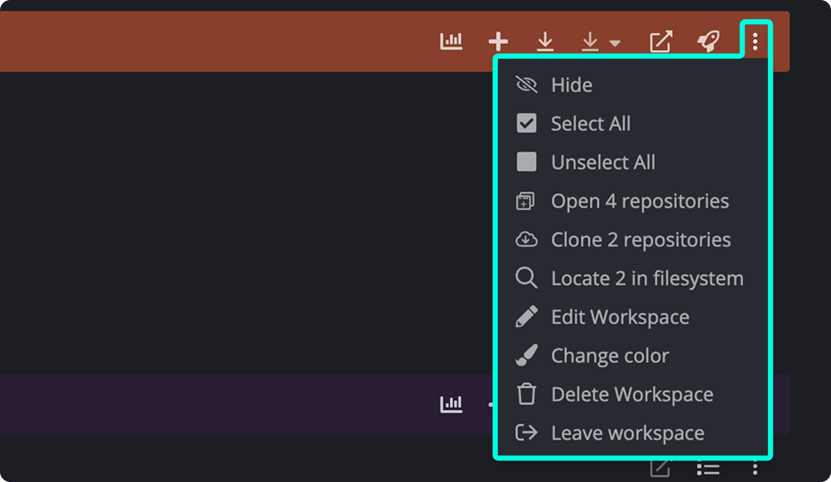 Dropdown menu in GitKraken showing workspace-level actions such as open, clone, locate, edit, change color, delete, and leave workspace.