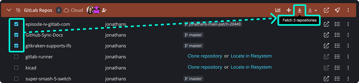 GitKraken Desktop interface showing multiple selected repositories in a workspace and the 'Fetch 3 repositories' button highlighted.