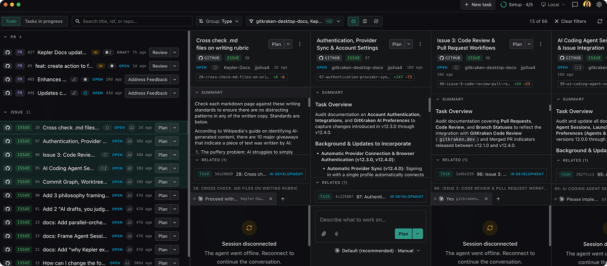 Several task panels open side by side, each with its own chat