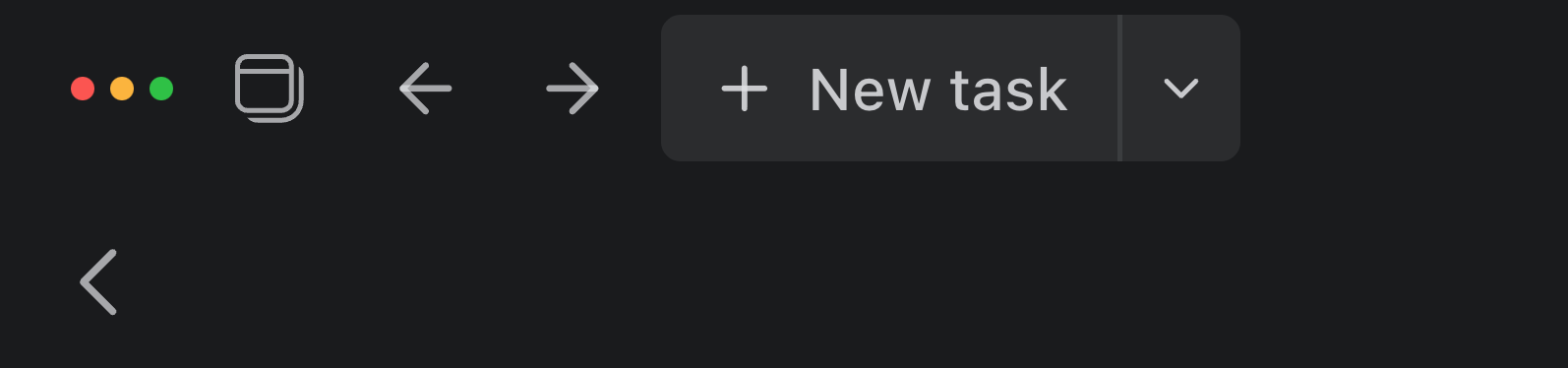 The New task split button at the left end of the Kepler top bar, after the window switcher and the Back and Forward buttons.