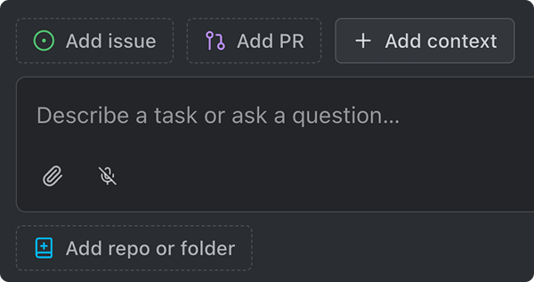 The Composer's four buttons: Add repo or folder, Add issue, Add PR, and Add context