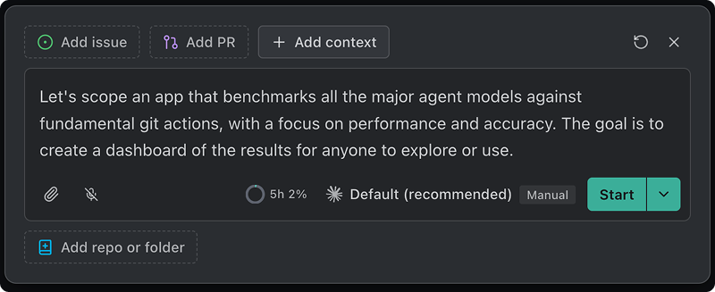 The Task Composer with a prompt typed in and Add issue, Add PR, Add context, and Add repo or folder buttons, nothing attached yet