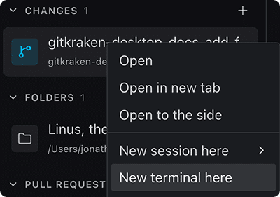 A worktree row's context menu with New terminal here highlighted