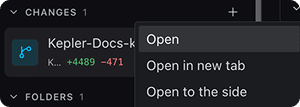 A Changes row's context menu, with Open, Open in new tab, and Open to the side