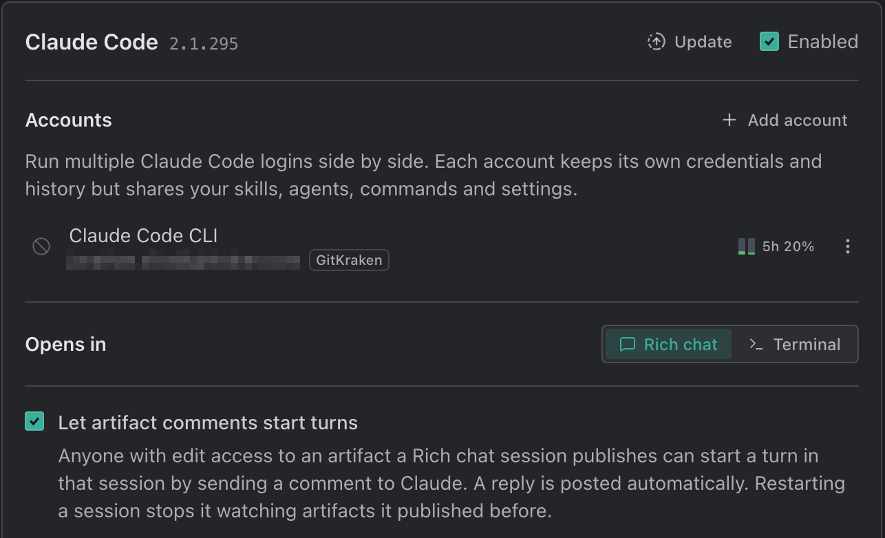 The Claude Code card in Settings → Agents, with its Opens in control set to Rich chat rather than Terminal, below the Accounts section and above Let artifact comments start turns.