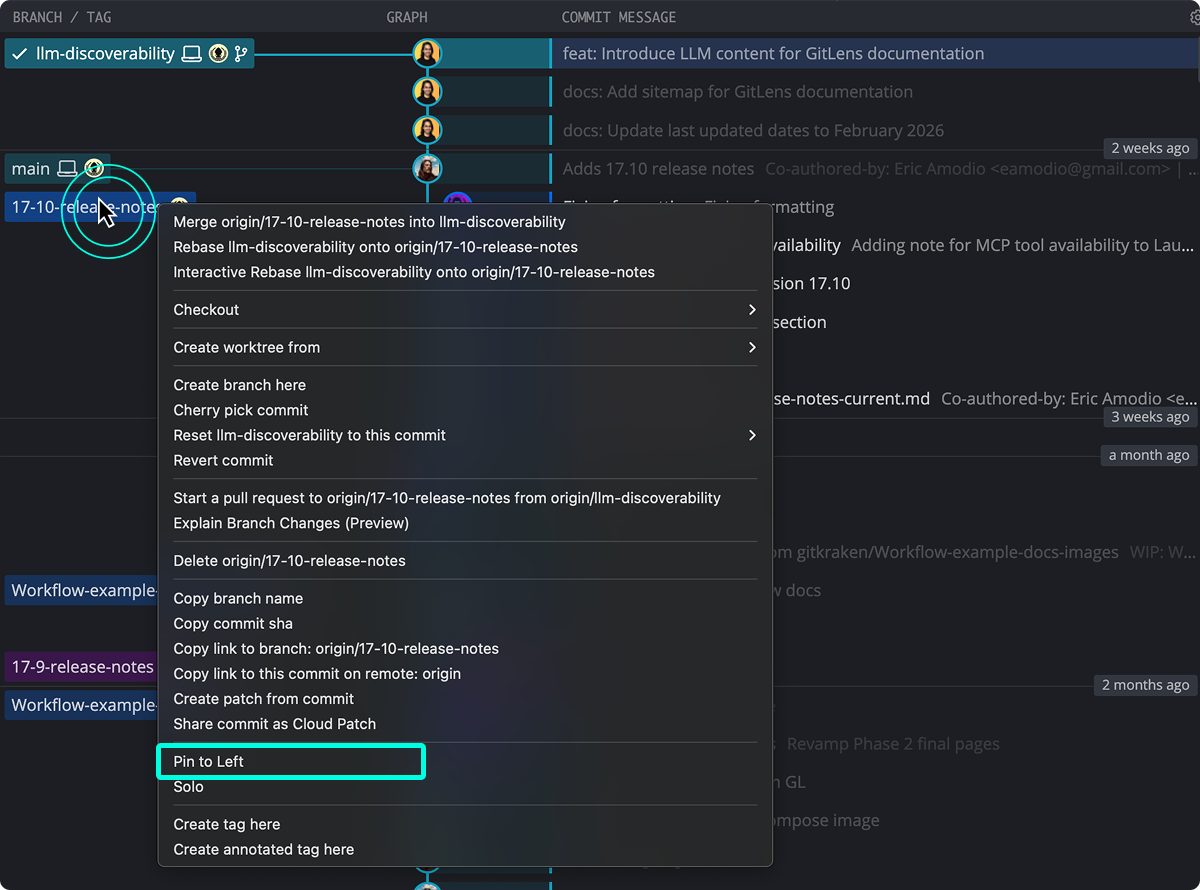 Right-click context menu on a branch in the GitKraken Desktop Commit Graph with the 'Pin to Left' option visible at the bottom of the menu