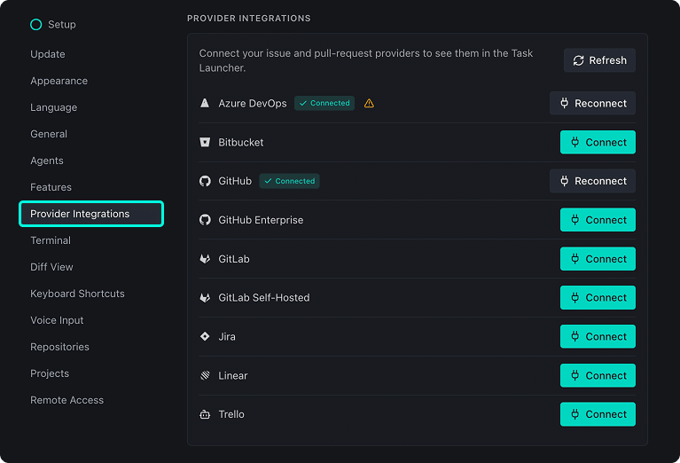 The Provider Integrations settings panel in Kepler showing Azure DevOps and GitHub as connected, and Bitbucket, GitHub Enterprise, GitLab, GitLab Self-Hosted, Jira, Linear, and Trello available to connect