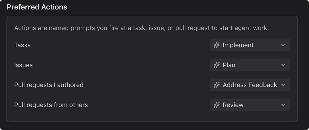 The Preferred actions settings, with a row per item kind and its default Action