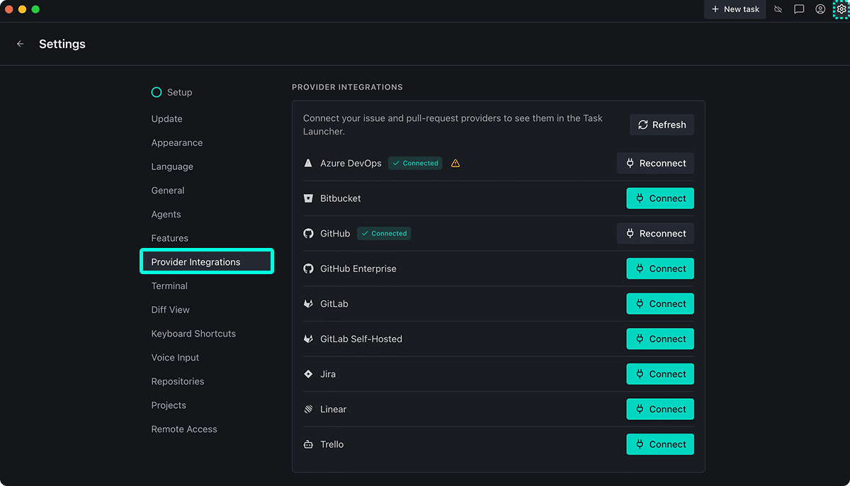The Provider Integrations section in Kepler Settings listing Azure DevOps, Bitbucket, GitHub, GitHub Enterprise, GitLab, GitLab Self-Hosted, Jira, Linear, and Trello, each with a Connect or Reconnect button