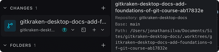 A truncated Changes row with its hover tip open, showing the full name, repository, base branch, and path