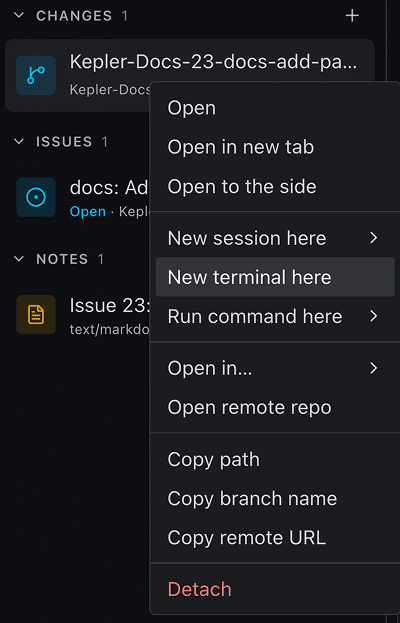 A worktree row's right-click menu, listing Open, session and terminal actions, Open in, copy actions, and Detach