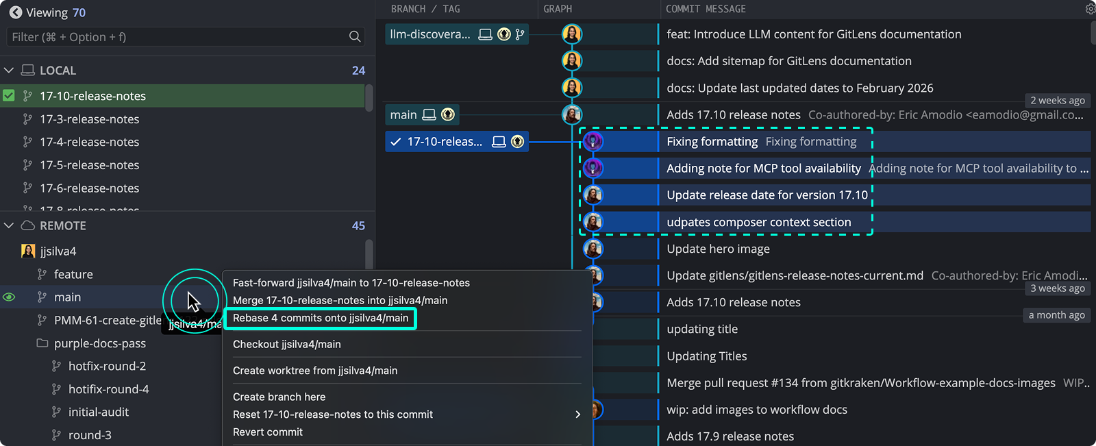 GitKraken Desktop Commit Graph showing a right-click context menu on a branch with the 'Rebase 4 commits onto gitkraken/main' option highlighted, after a range of commits has been selected