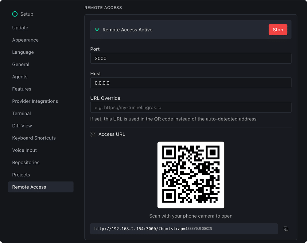 The Remote Access settings panel in Kepler showing Remote Access Active with a Stop button, Port set to 3000, Host set to 0.0.0.0, a URL Override field with placeholder text, and an Access URL section showing a QR code with the label 'Scan with your phone camera to open' and the full bootstrap URL below it with a copy button