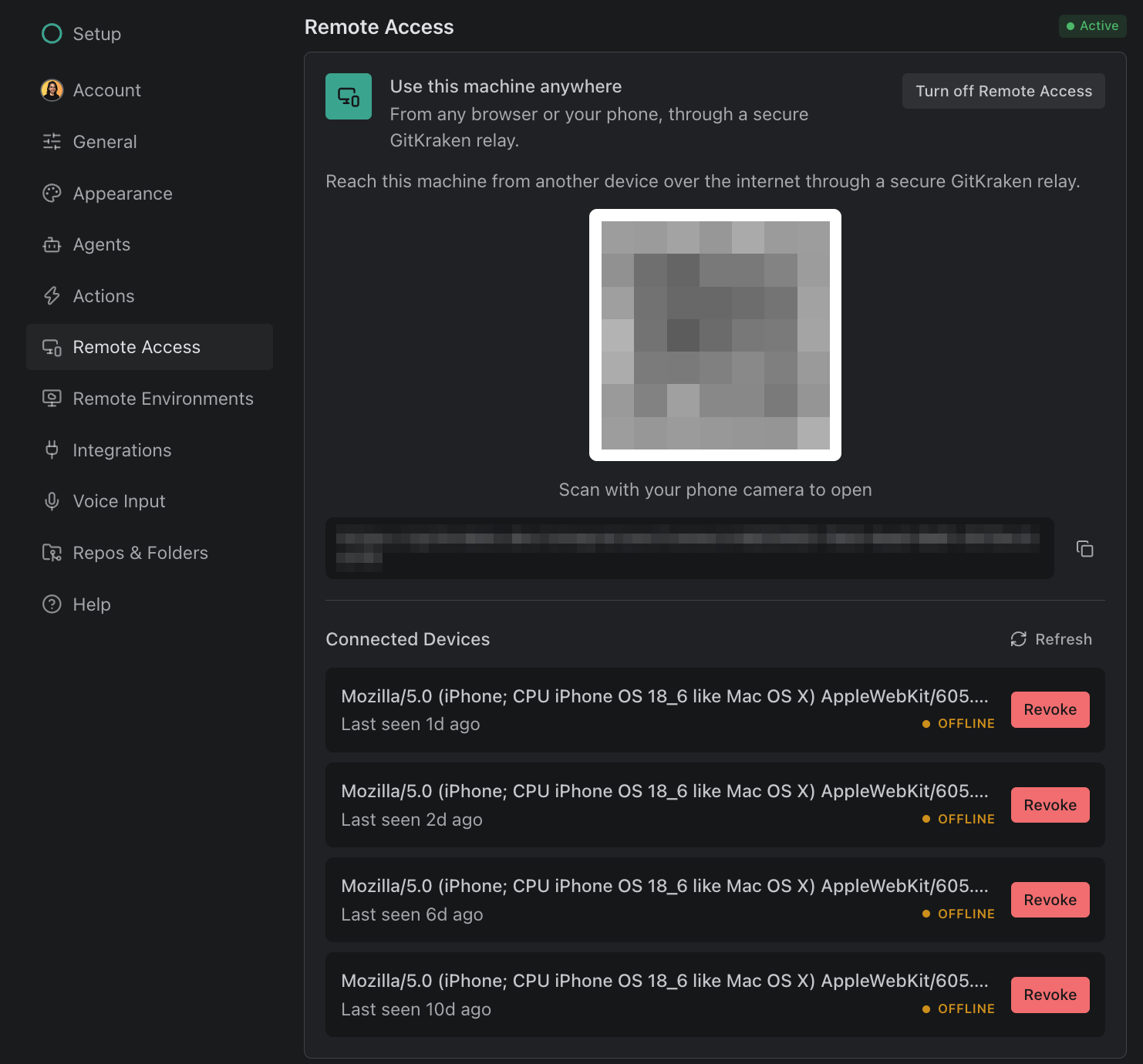 Settings → Remote Access, marked Active, with Turn off Remote Access, a QR code to scan with your phone, the gitkraken.dev link with a copy button, and Connected Devices listing four phones, each with Revoke. The QR code and link are blurred.