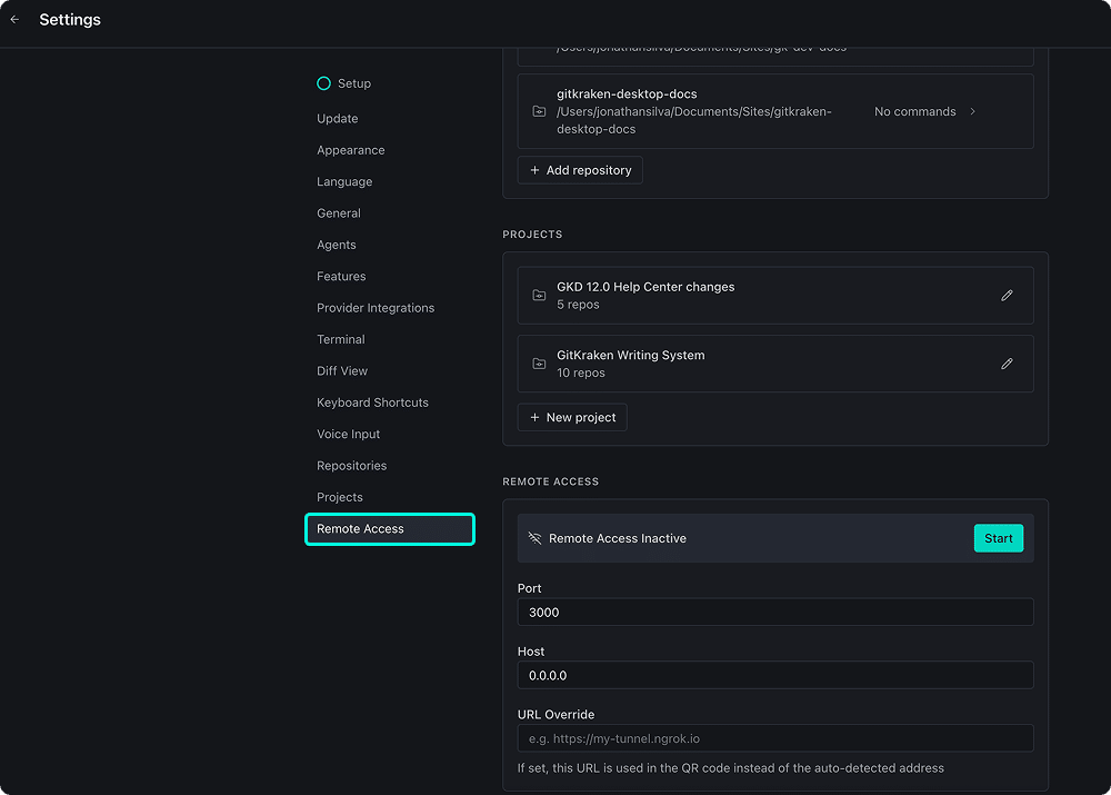 Settings → Remote Access showing Remote Access Inactive with a Start button, and Port, Host, and URL Override fields below