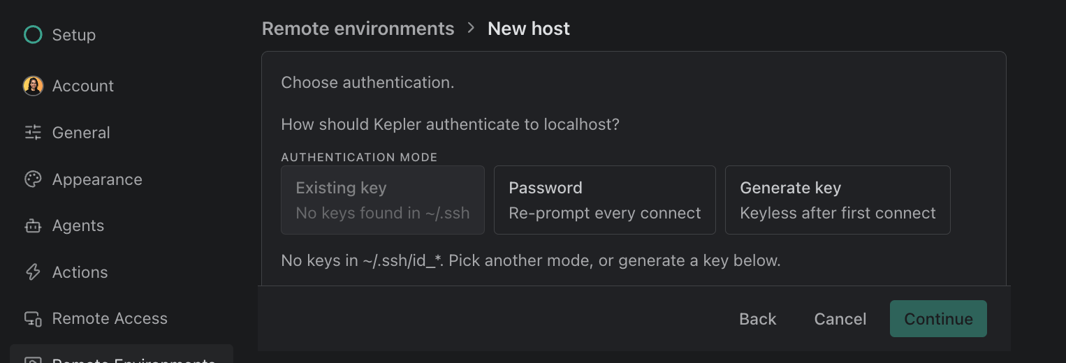 The Choose authentication step of the SSH wizard for localhost, with Existing key unavailable because no keys were found in ~/.ssh, and Password and Generate key to pick from.