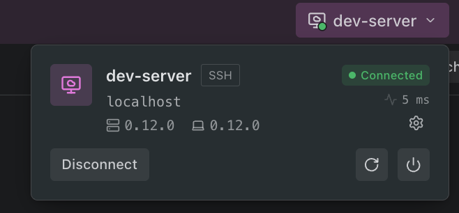 The title-bar chip reading dev-server, tinted violet like the title bar behind it, with a green dot on its type icon. Below it, the popover header peeks on hover: dev-server, Connected, 5 ms, the versions, Disconnect, and the restart and stop server buttons.