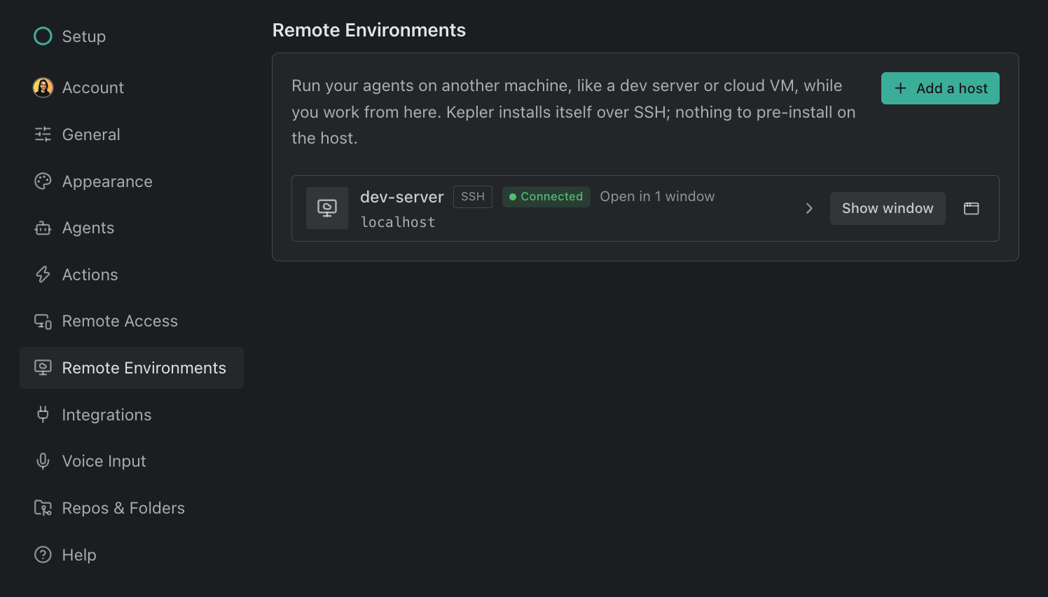 Settings → Remote Environments with Add a host and one saved host, dev-server, an SSH host at localhost marked Connected and Open in 1 window, with Show window and a new-window button.