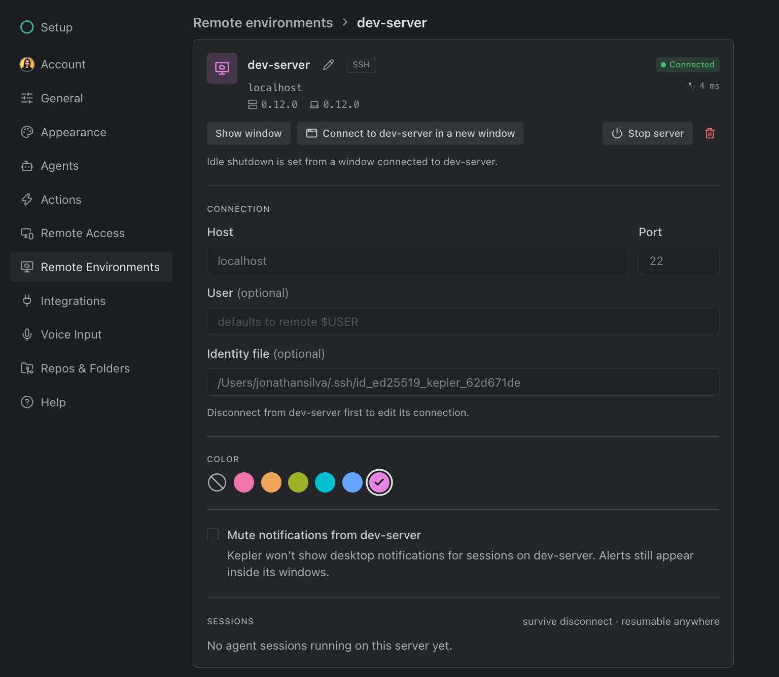 The page for dev-server, an SSH host that is connected in another window: Show window, Connect to dev-server in a new window, Stop server, and a trash icon at the top, then locked Connection fields with a note to disconnect first, the Color swatches with Violet picked, Mute notifications from dev-server, and Sessions labelled survive disconnect · resumable anywhere.