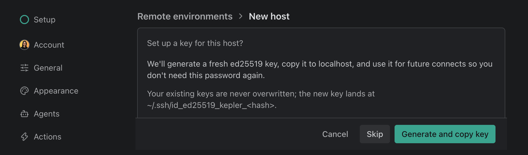 The Set up a key for this host? step, explaining that Kepler generates an ed25519 key at ~/.ssh/id_ed25519_kepler_<hash> without overwriting existing keys, with Cancel, Skip, and Generate and copy key.
