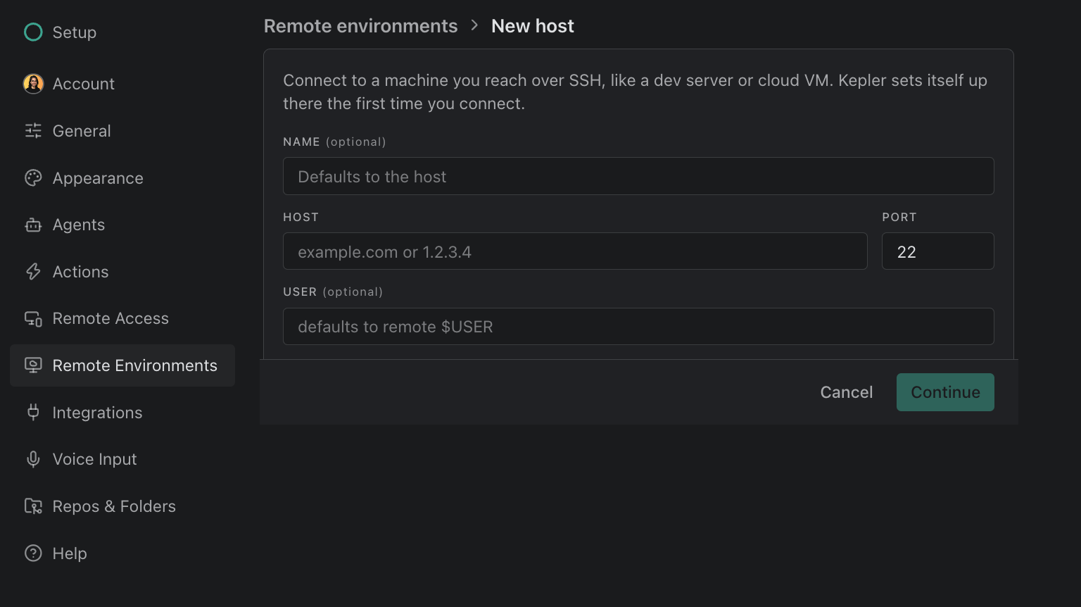 The first step of the SSH wizard, Remote environments › New host, with Name (optional), Host, Port set to 22, and User (optional) fields, and Cancel and Continue buttons.